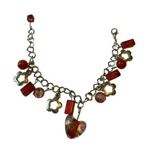 My Style Pink Murano Adjustable Bracelet 8” Silver Plated Heart Shape Charm